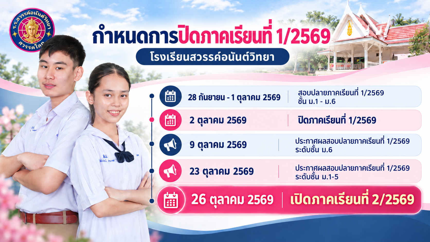 ประกาศ กำหนดการปิดภาคเรียนที่ 1/2569 และเปิดภาคเรียนที่ 2/2569